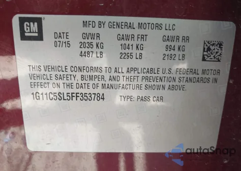 2015 Chevrolet Malibu 1Lt from USA, damaged, VIN 1G11C5SL5FF353784